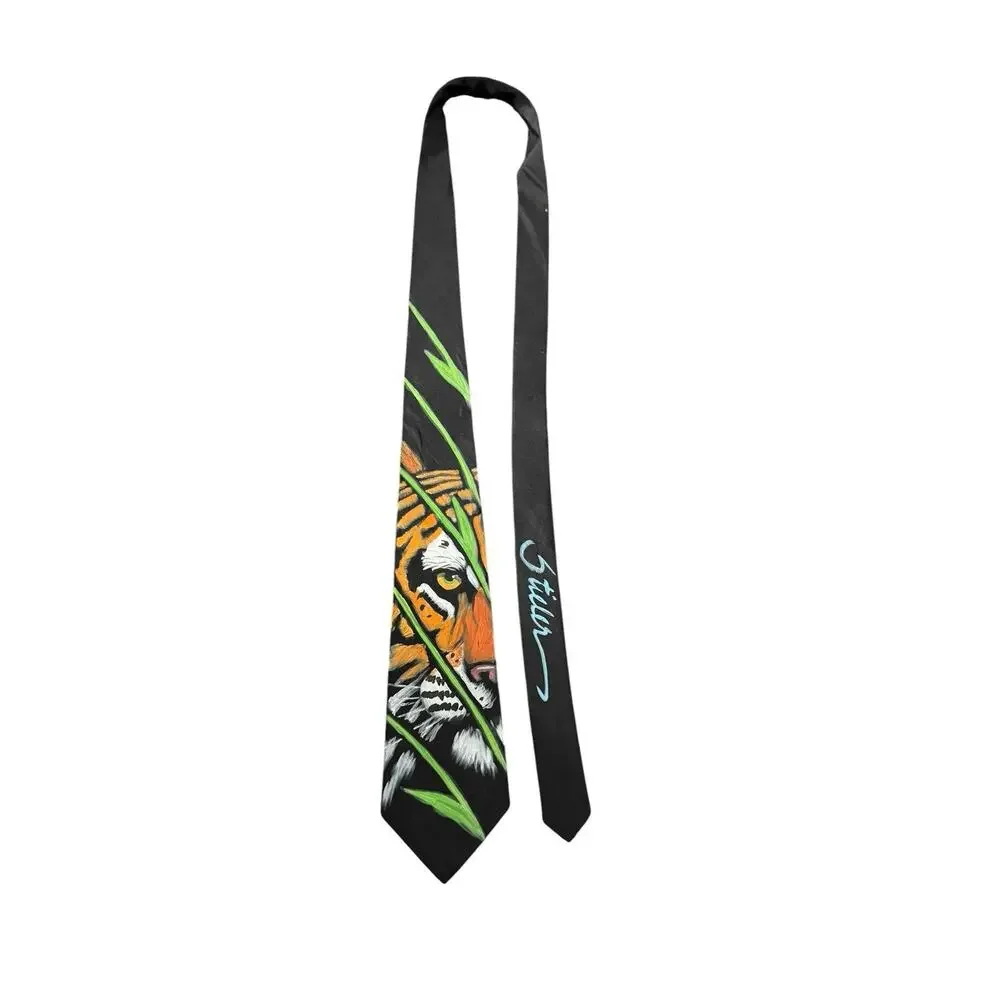 Vintage Hand Painted Bengal Tiger 100% Silk Novelty Necktie